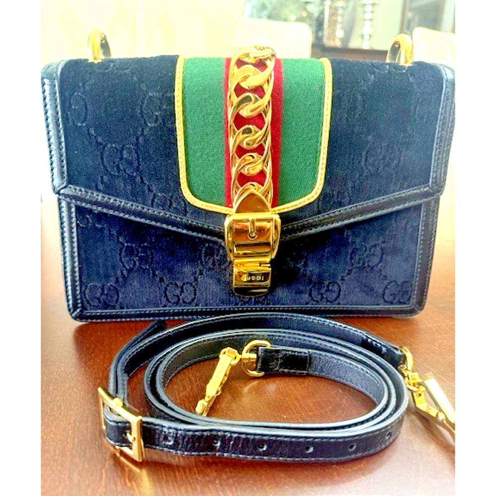 Gucci Black Gold GG Monogram Velvet Sylvie Small Shoulder Crossbody Bag GORGEOUS - Picture 2 of 16